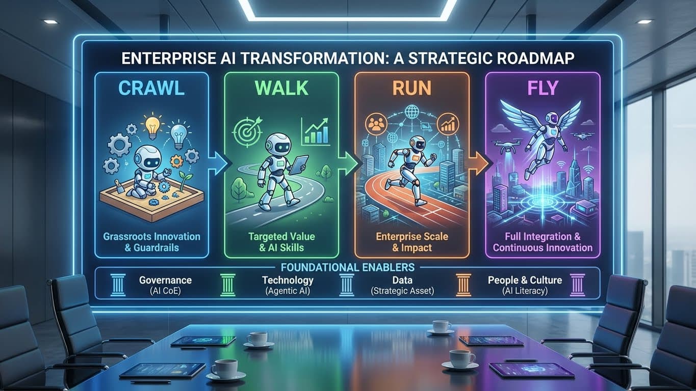 Strategic roadmap infographic showing four AI maturity stages: Crawl (grassroots innovation with governance guardrails), Walk (targeted value delivery and AI skills development), Run (enterprise scale and measurable impact), and Fly (full integration with continuous innovation). Foundation shows four enablers: Governance (AI CoE), Technology (Agentic AI), Data (Strategic Asset), People & Culture (AI Literacy)