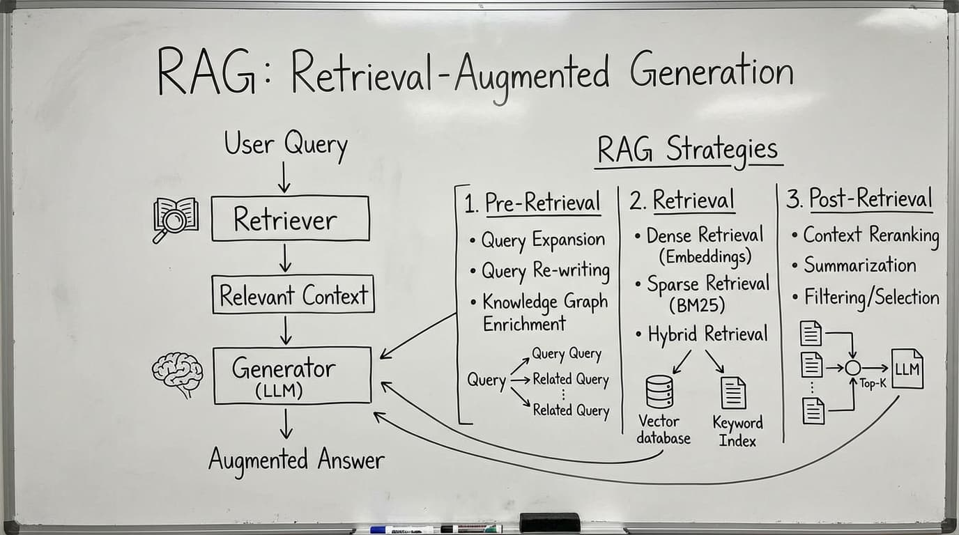 Whiteboard diagram showing RAG workflow with user query flowing through retriever to relevant context to LLM generator for augmented answer. Includes three strategy phases: pre-retrieval (query expansion, rewriting, knowledge graph), retrieval (dense embeddings, sparse BM25, hybrid), and post-retrieval (context reranking, summarization, filtering)